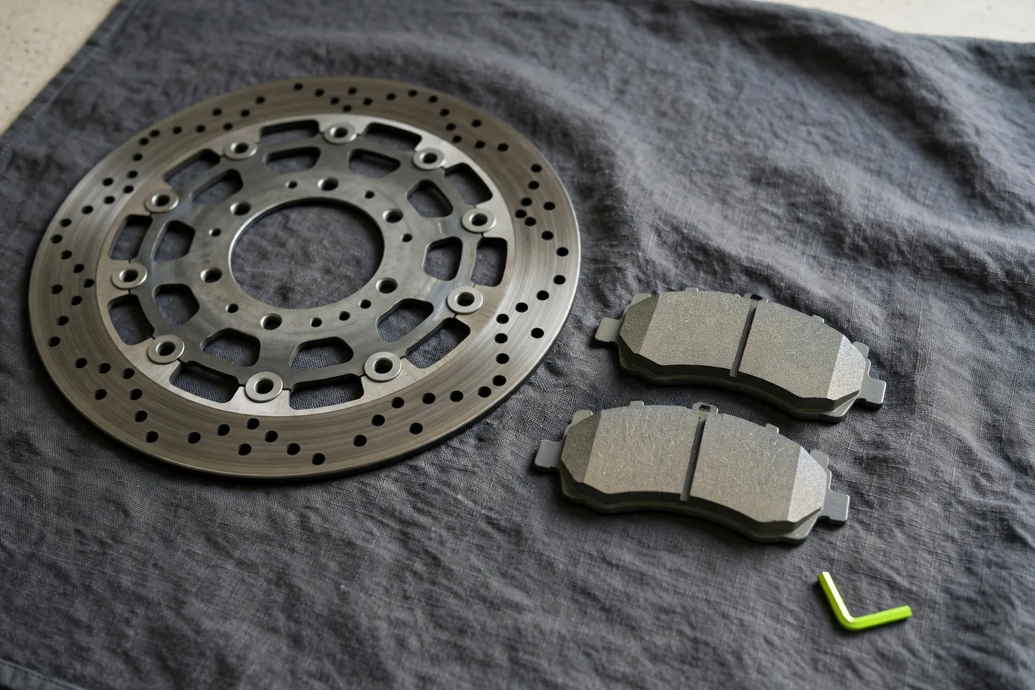 Brake pads and a disc on cloth