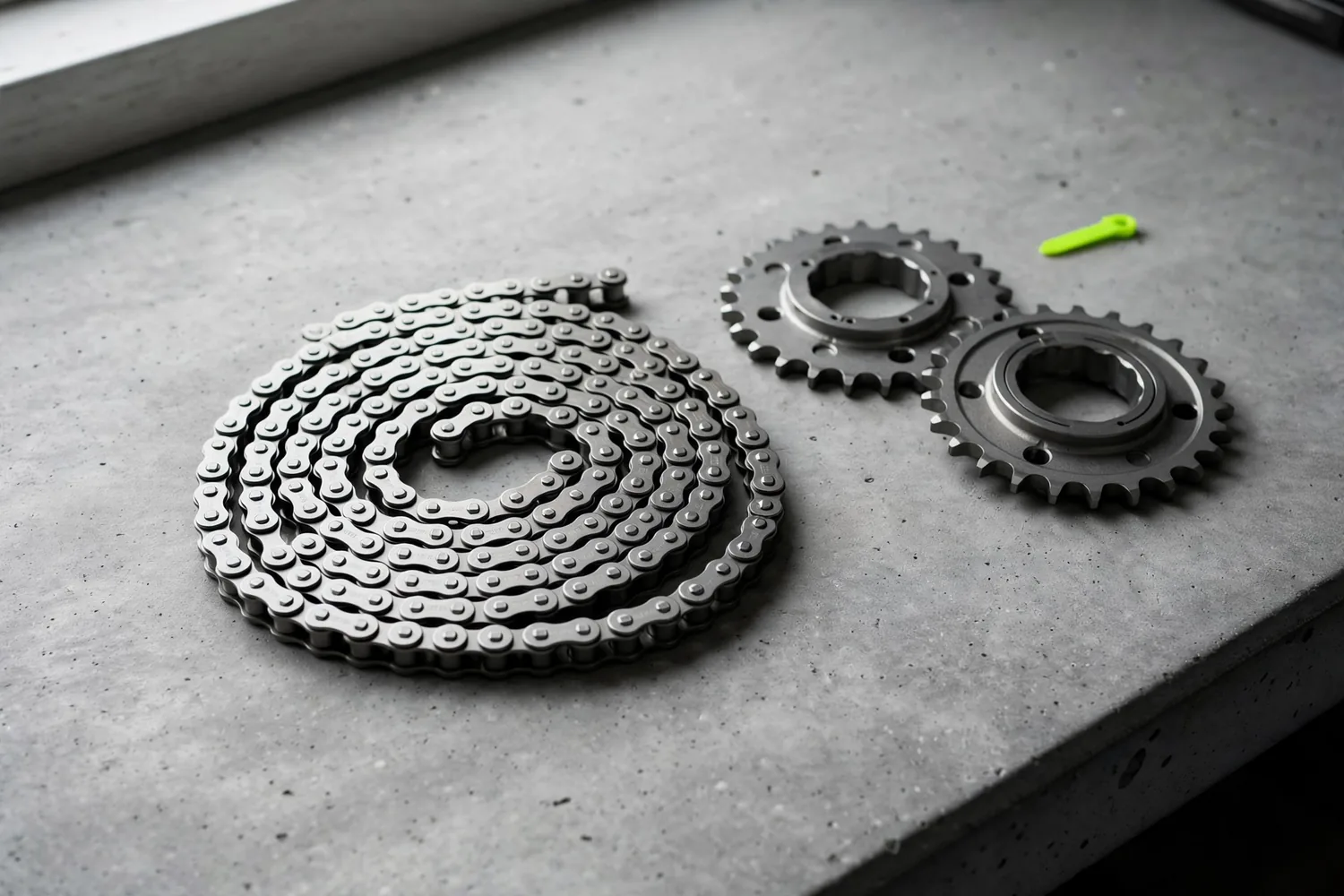 A new chain beside two sprockets