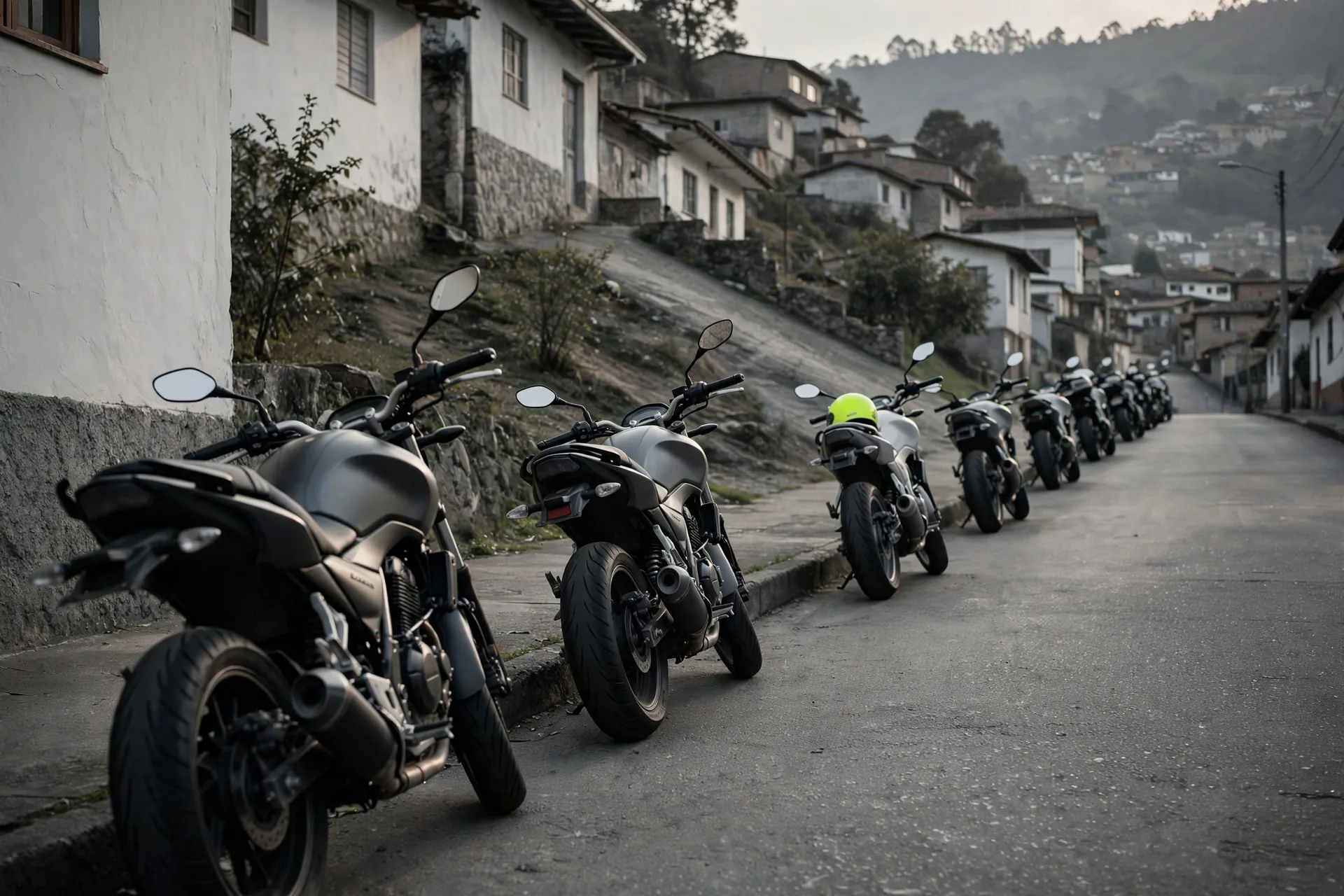 Parked motorcycles on a sloping street