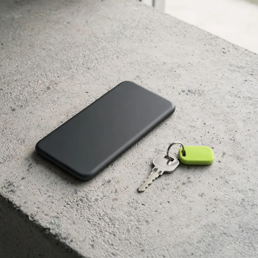 A phone beside a motorcycle key